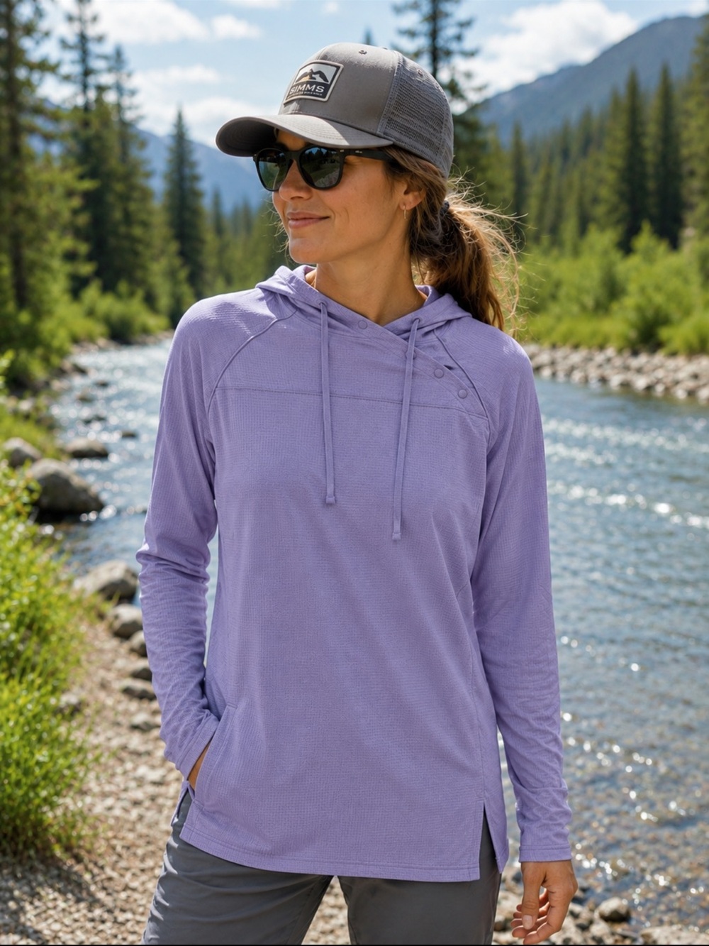 Simms Breeze Tunic Hoodie Solarflex Cooling Swim Cover Up UPF 50 Dusty Lilac L